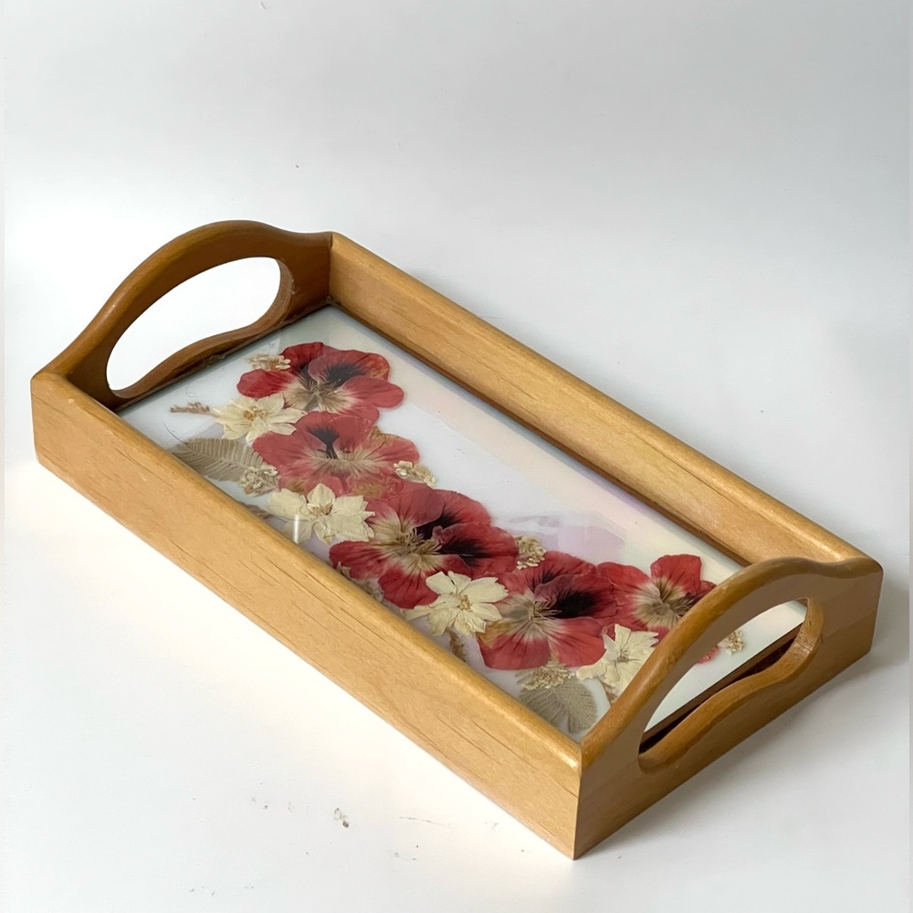 Handmade Rectangle Wooden Tray w/Handles Pressed Flowers Pink Pansies 9.2x5x2.2"